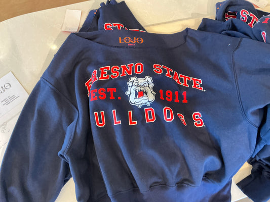 FRESNO STATE NAVY OFF THE SHOULDER SWEATSHIRT