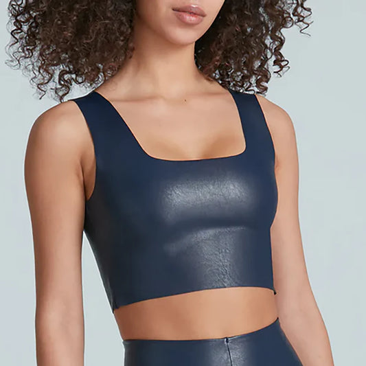 FAUX LEATHER SQUARE NECK CROP TOP