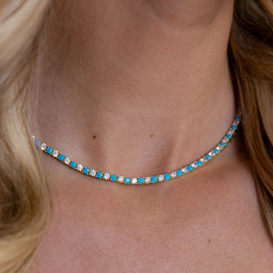 TURQUOISE & WHITE TENNIS NECKLACE - 18”