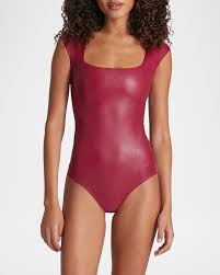 FAUX LEATHER CAP SLEEVE BODYSUIT
